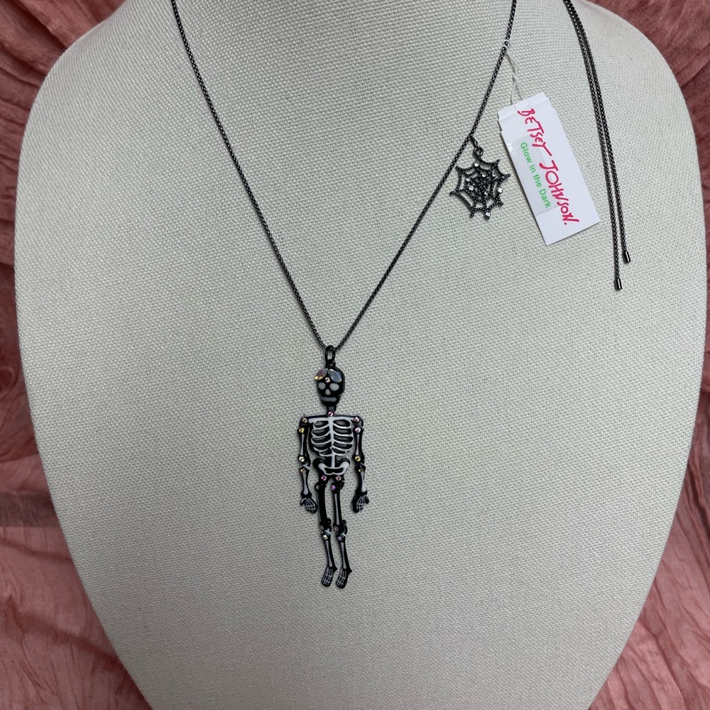 Betsey Johnson Glow in the Dark Halloween Skeleton & Spider Web Pendant Necklace